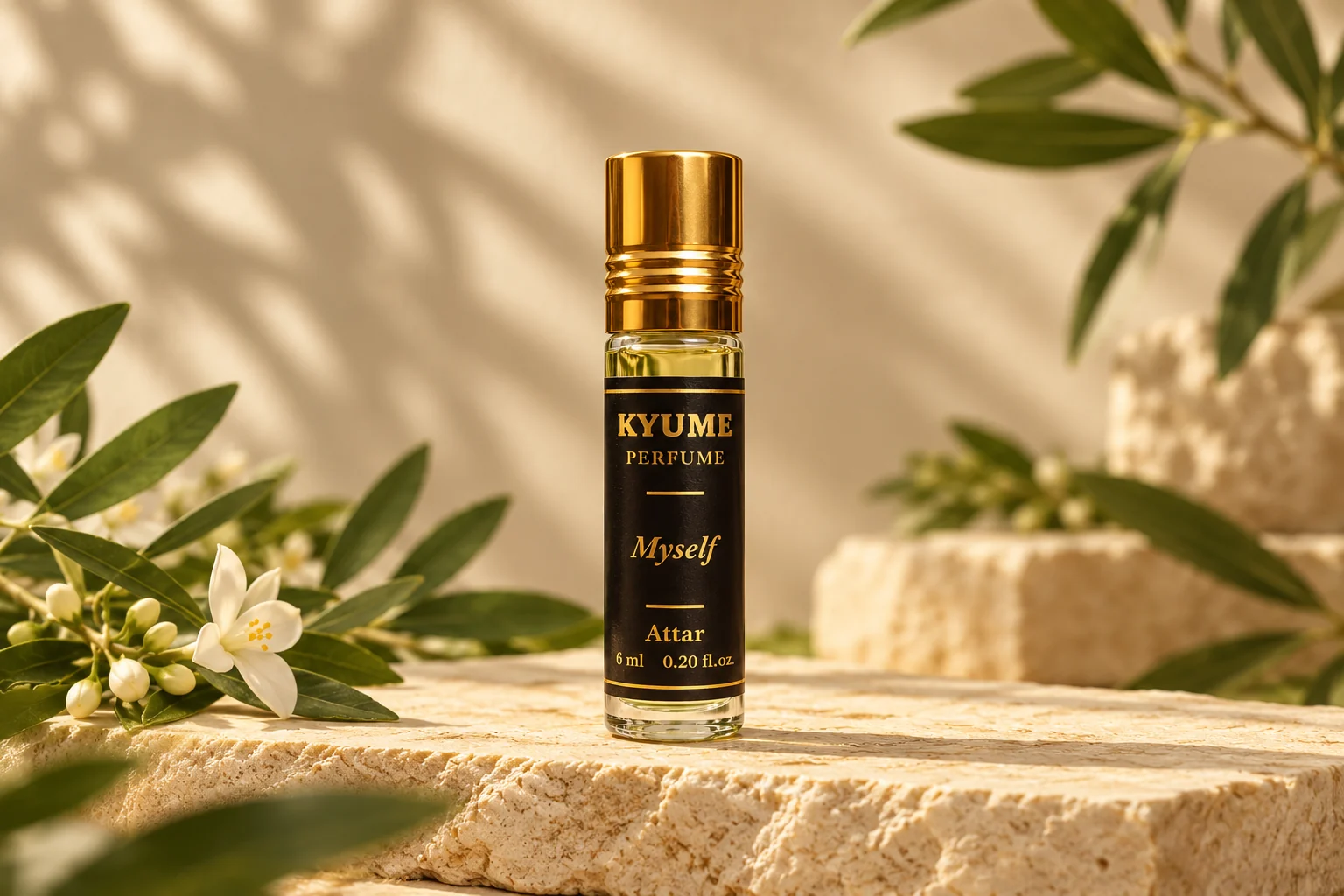 Full view of the Kyume Myself attar bottle on limestone among olive leaves